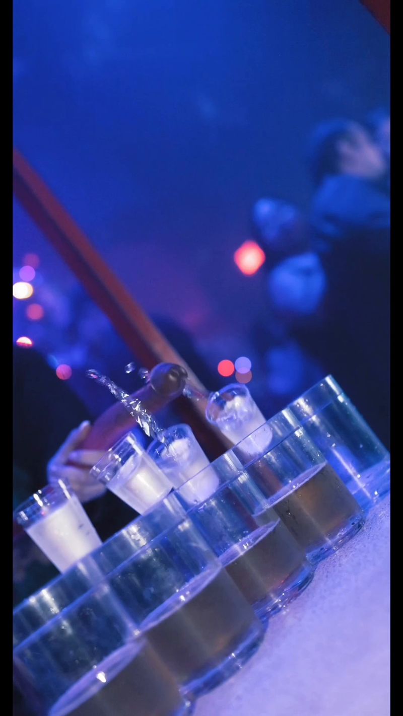 A row of shots lined up on the bar at Tokyo Joe's